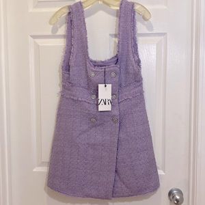 Zara lilac tweed dress with rhinestone buttons.